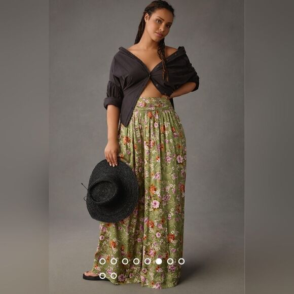 Anthropologie Wide-Leg Floral Pants In Olive Green Size 6 Tall NWT - Picture 6 of 11